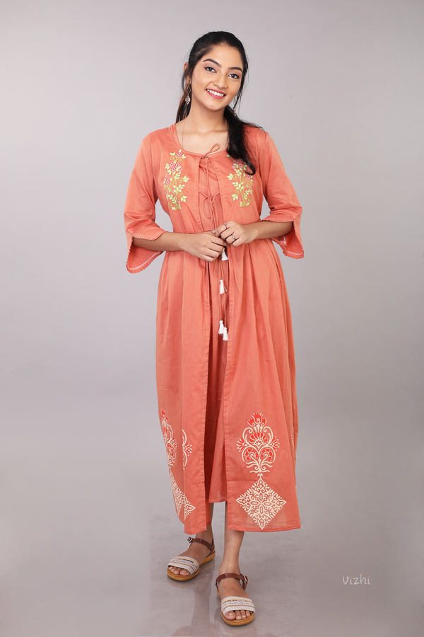 Floral Embroidered Cotton Double Layered Dress with Jacket