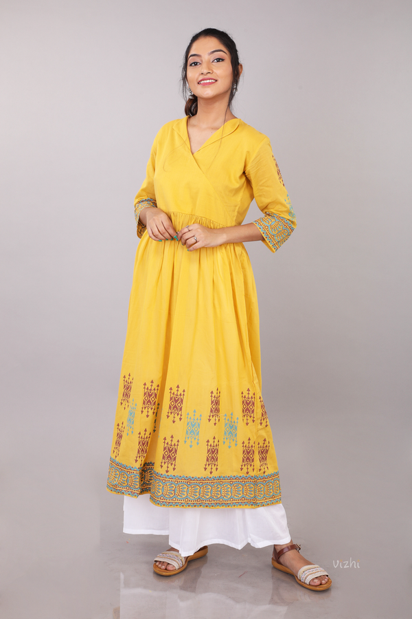 Abstract Hand Block Printed Cotton Angrakha Kurta