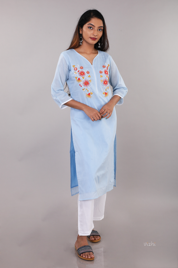 Floral Embroidered Cotton Straight Kurta