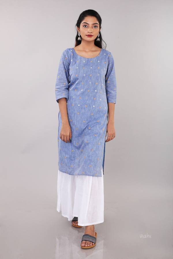 Hand Embroidered Mirror Work Cotton Straight Kurta