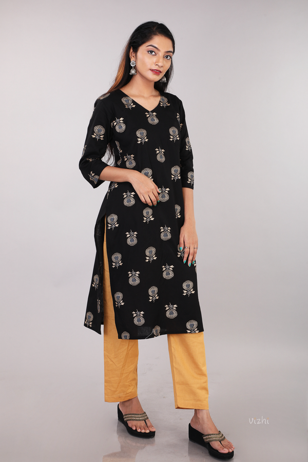 Flower Foil Print Cotton Straight Kurta