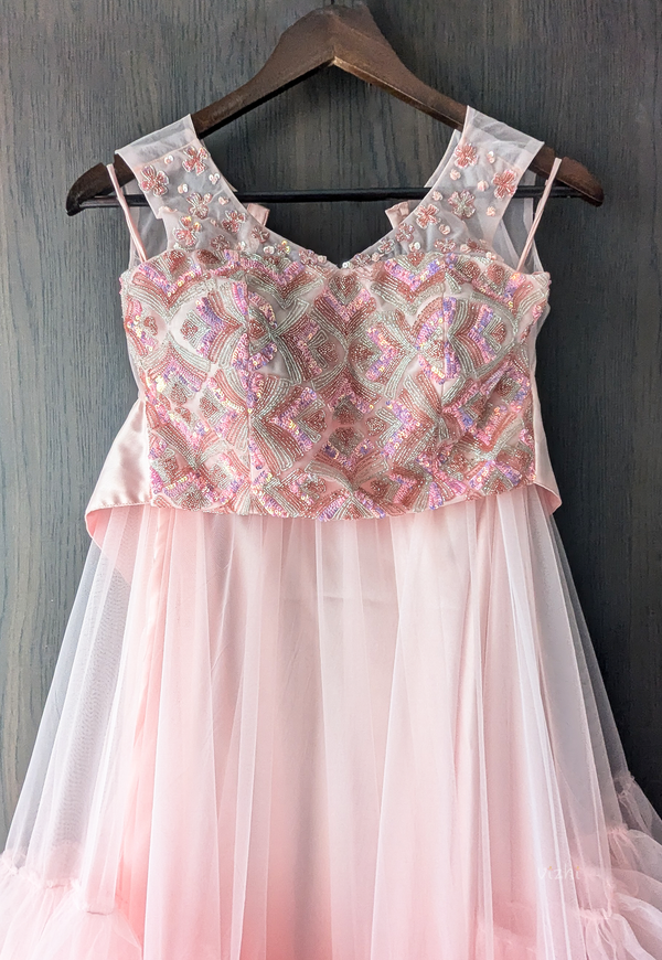 Ruffle Gathered Dress with Abstract Hand Embroidered Sequin Blouse