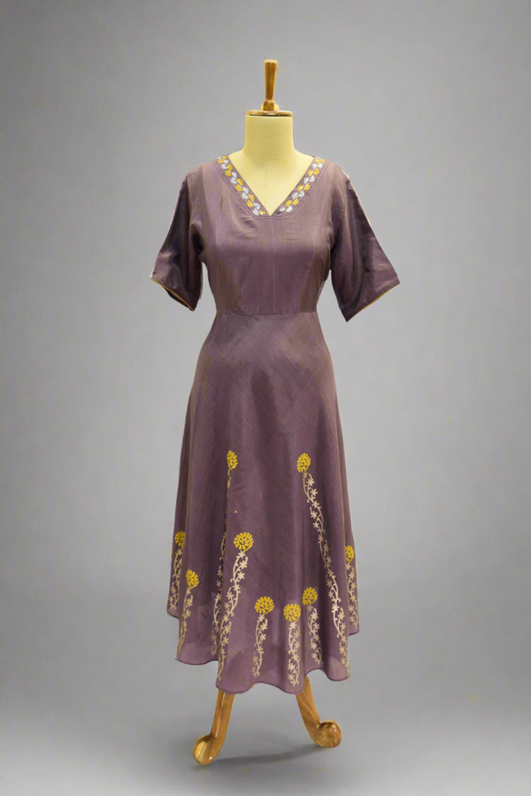 Floral Embroidered Silk Flared Kurta