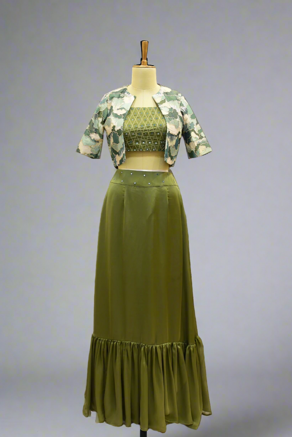 Hand Embroidered Mirror Work Crop Top and Ruffle Skirt with Jacket
